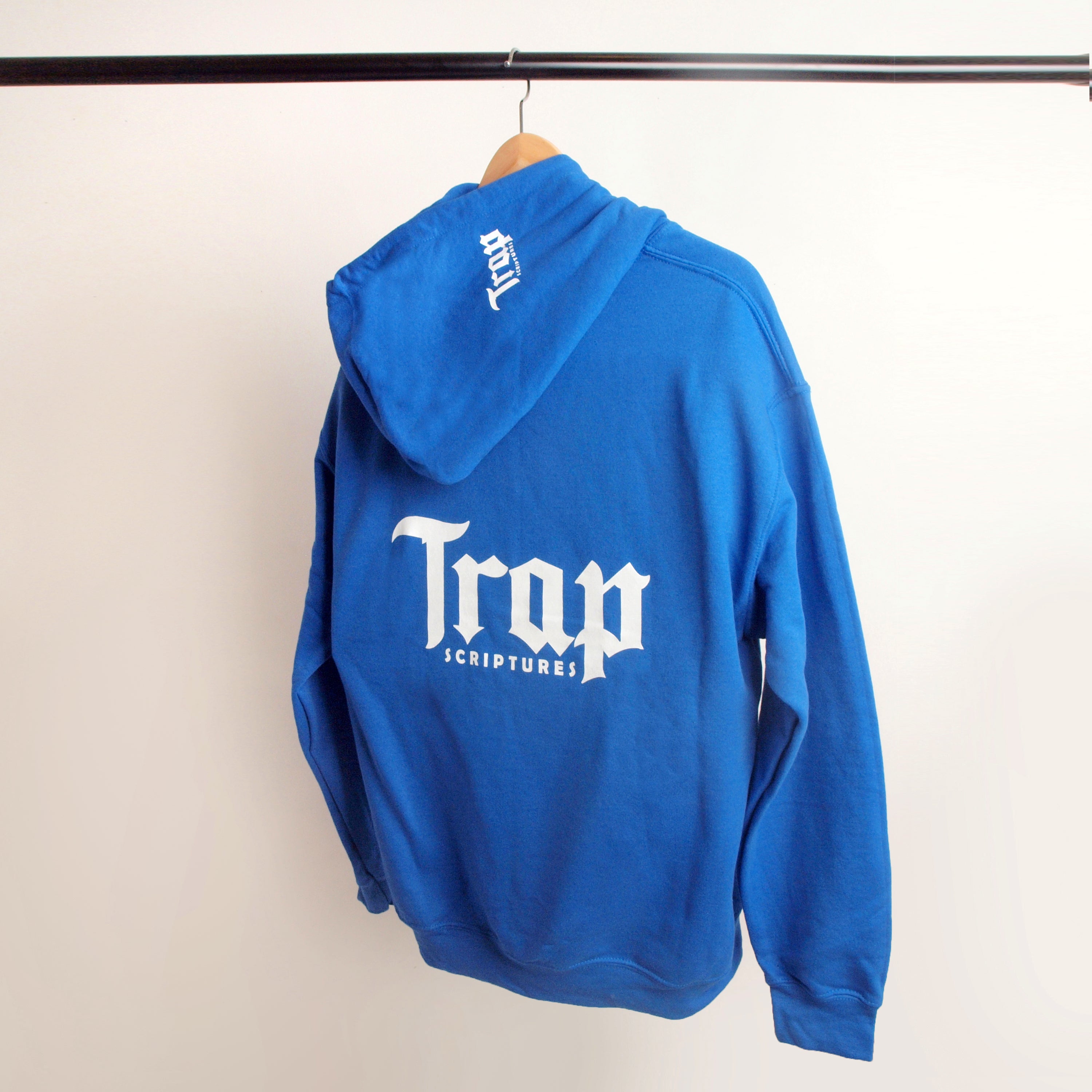 Trap Scriptures Royal Blue Mens Hoody Front And Back Plus Other Color Options. Available Now In All Colors Size Xs/2XL Priced At $60.00 