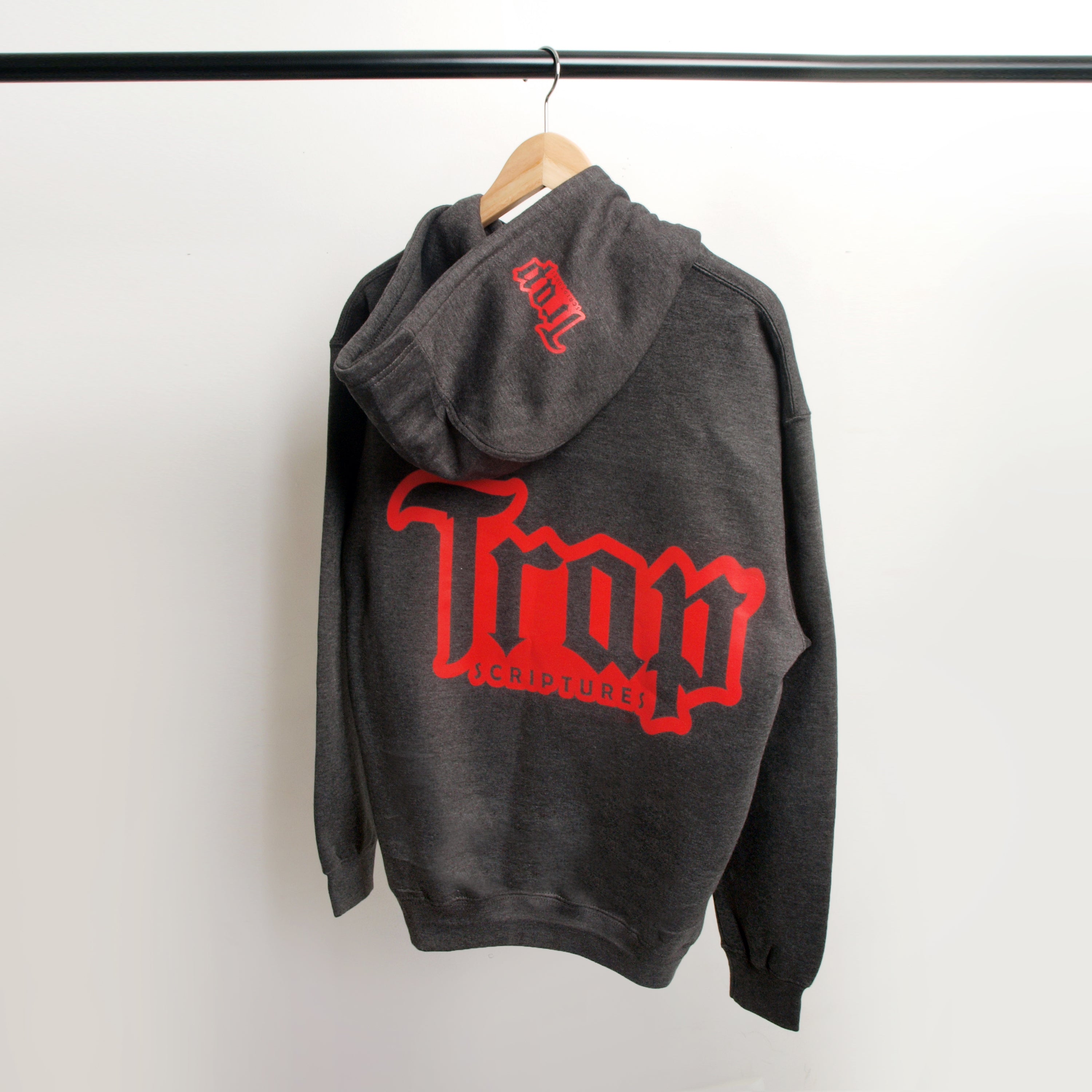 Charcoal And Red Trap Scriptures Hoodie