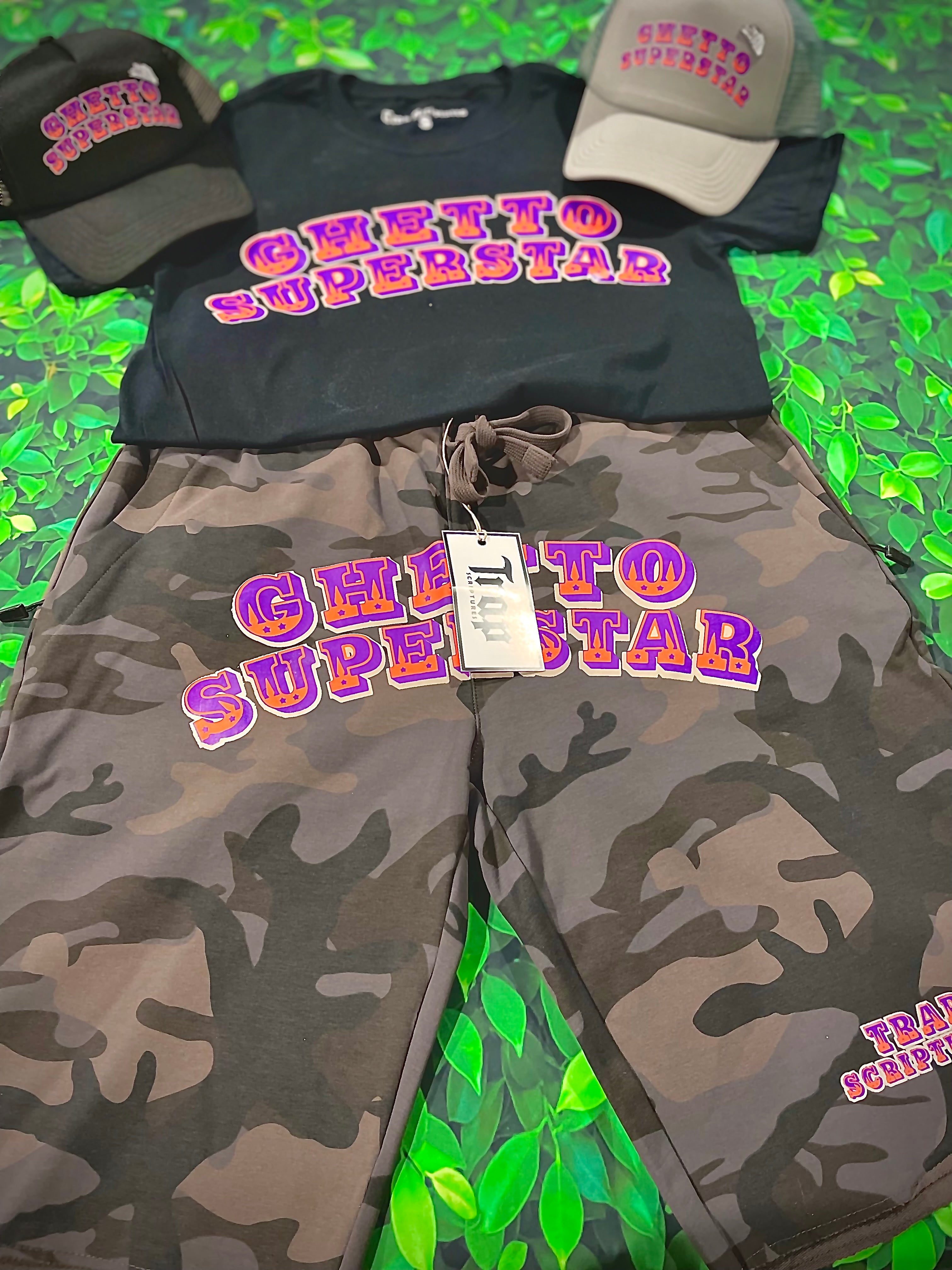 Trapscriptures Black And Purple Camo Short Set With Matching Trucker Hat